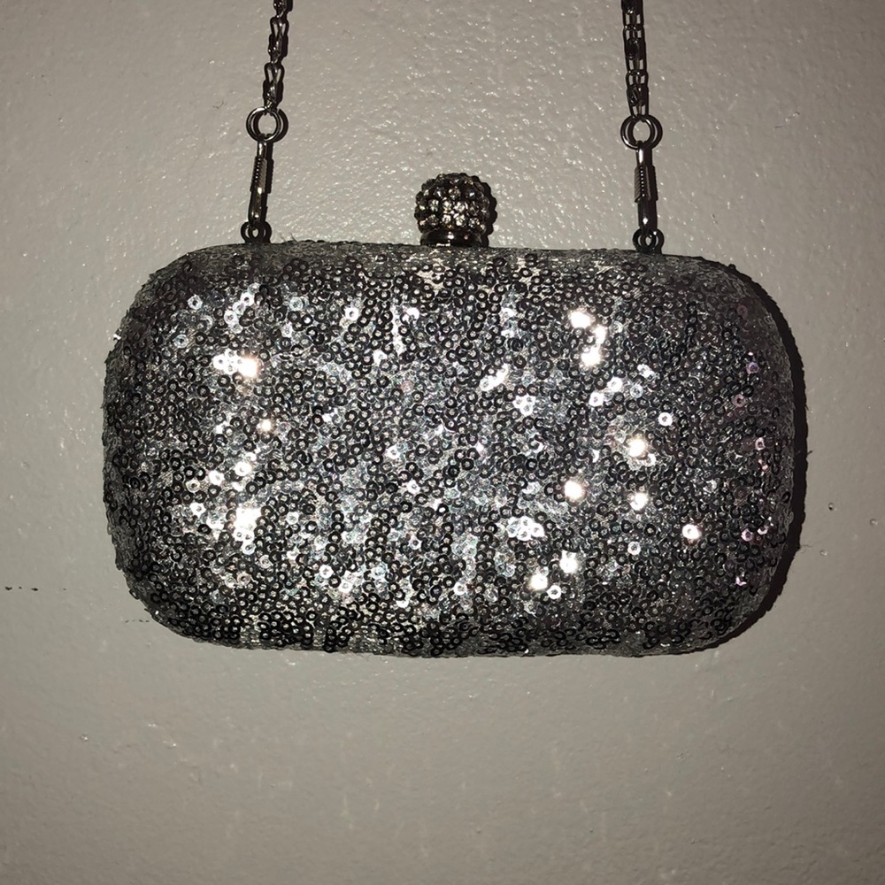 Silver sequin clutch with chain